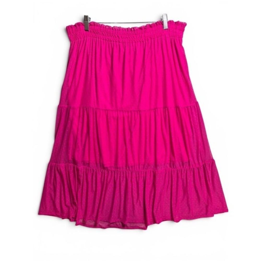 LC Lauren Conrad Hot Pink Tiered Midi Skirt 2XL Swiss Dot Mesh Smocked Waist